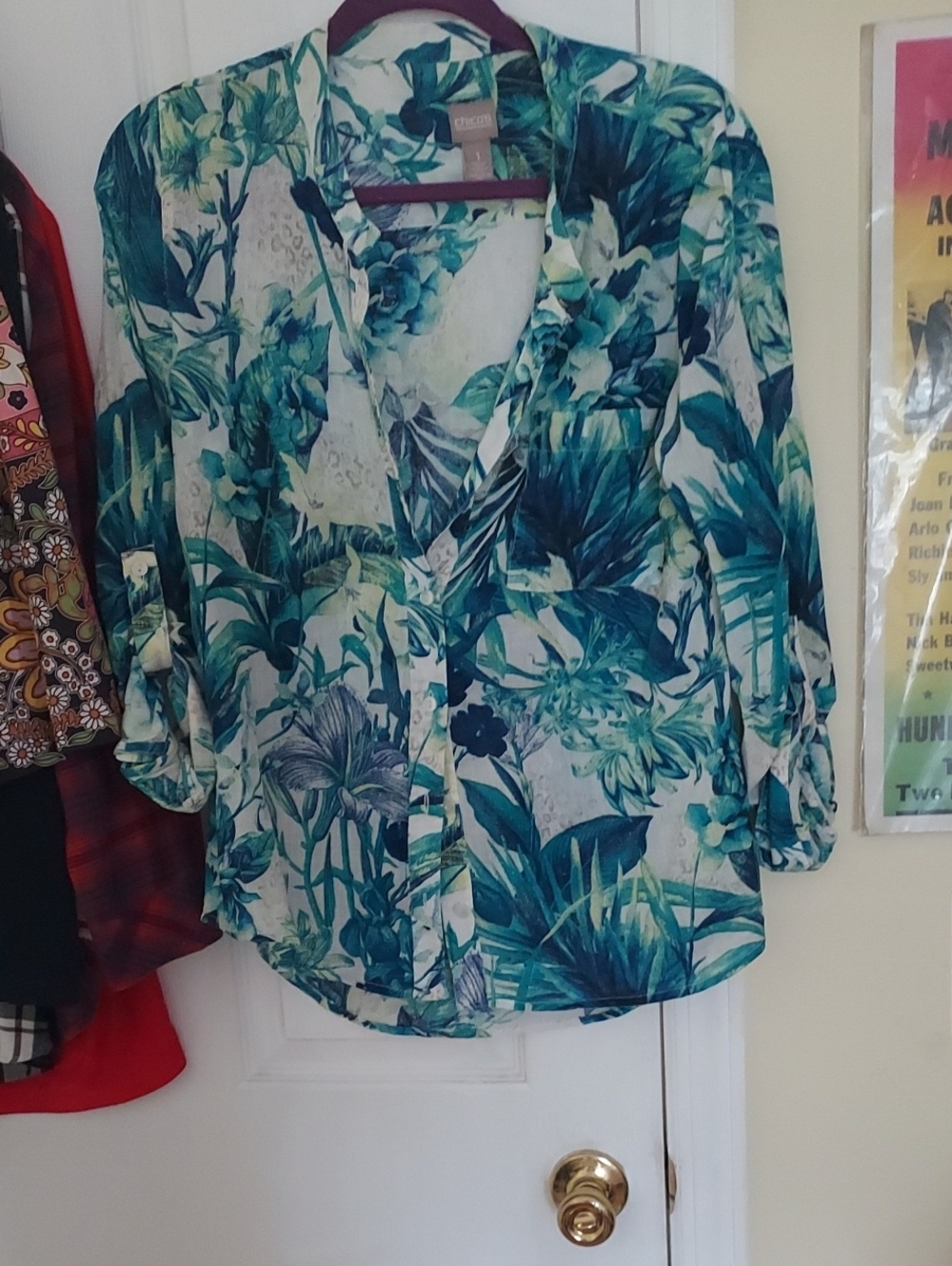 Long Sleeve Shirt White With Blue Green & Yellow Floral. Medium